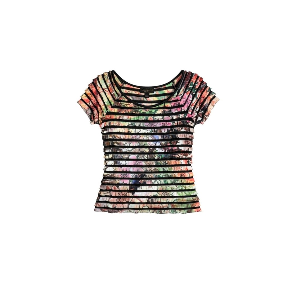 Connected Apparel Colorful Floral Ruffle Mesh Top Y2K Fairy Whimsical Coquette S